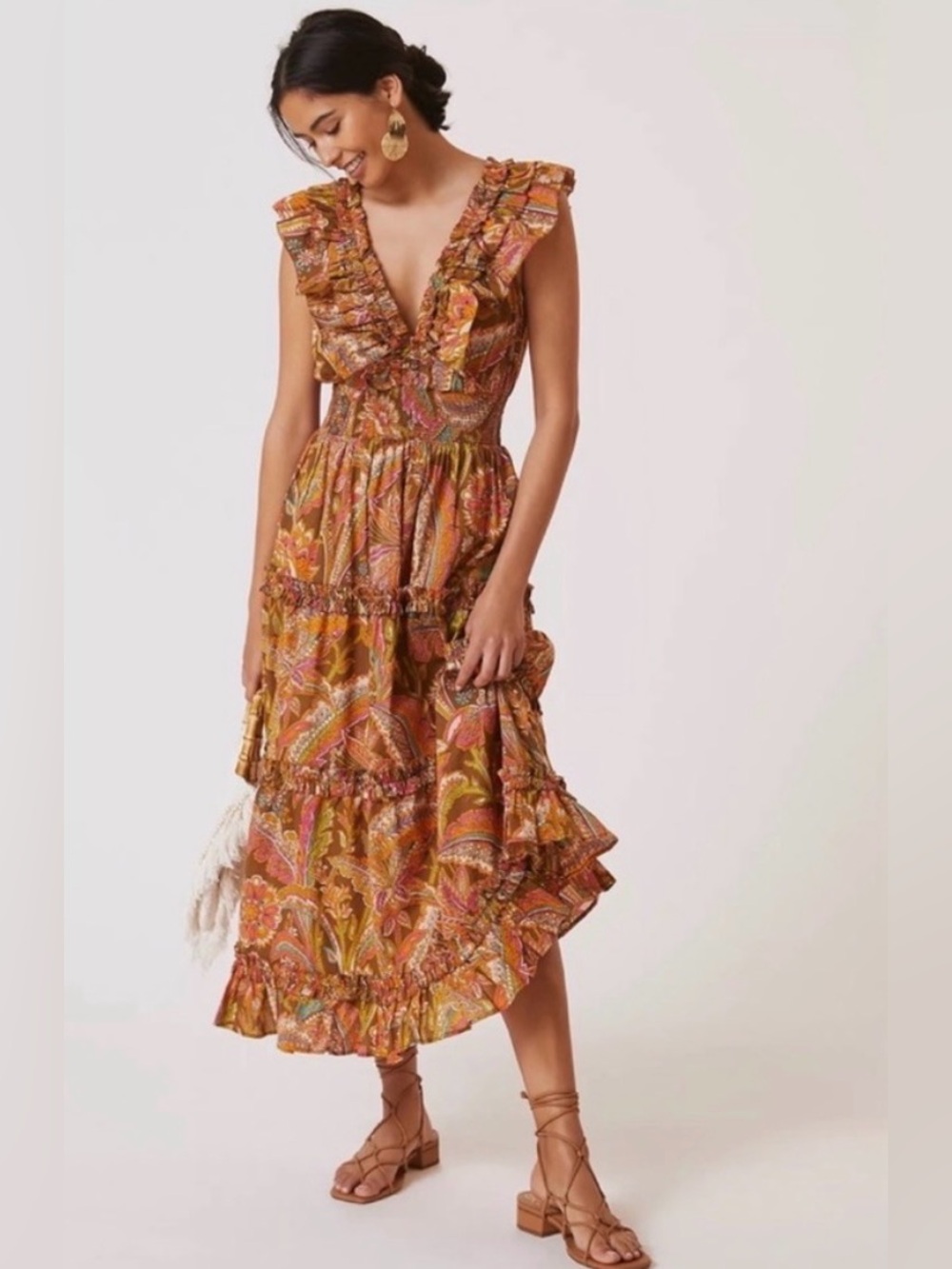 Anthropologie Love the Label Topanga Ruffled Dress in a brown paisley motif
